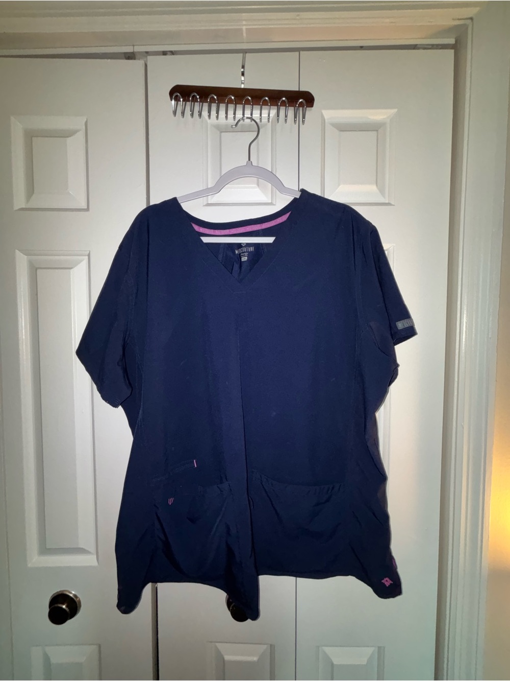 Med Couture Navy Scrub Top with Pink Trim